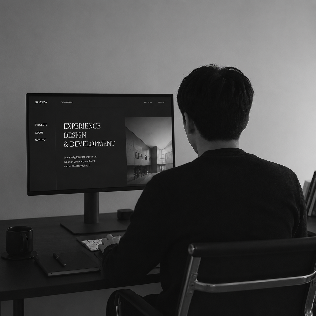 Black and white workspace portrait of a web publisher reviewing a design layout